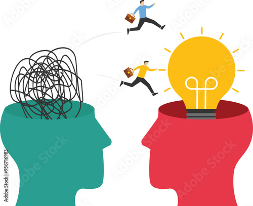 Businessman jumps out of the hustle and bustle with creativity. Change your mindset. Modern vector illustration in flat style

