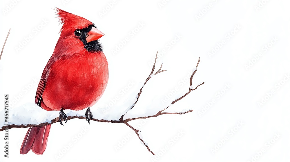 Watercolor illustration of a red cardinal perched on a snowy branch, clipart, isolate on white background Watercolor illustration of a red cardinal perched on a snowy branch, clipart, isolate on white background