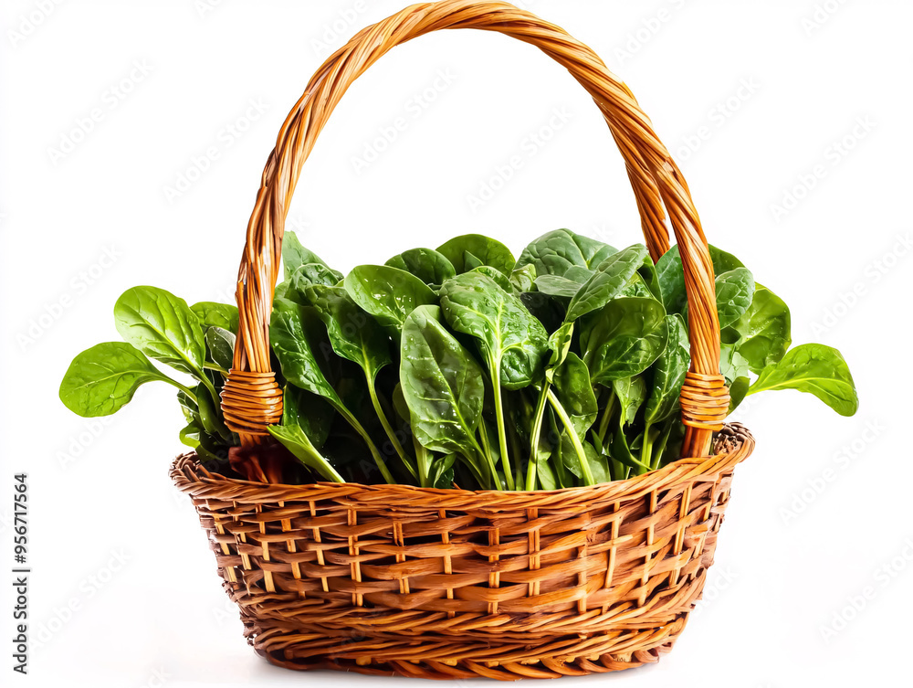 Basket with fresh spinach leaves isolated on white background. Healthy food concept. Basket with fresh spinach leaves isolated on white background. Healthy food concept.