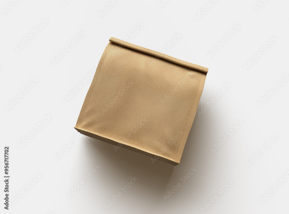 Rendered mockup for a square paper bag with folded top on a light background Rendered mockup for a square paper bag with folded top on a light background