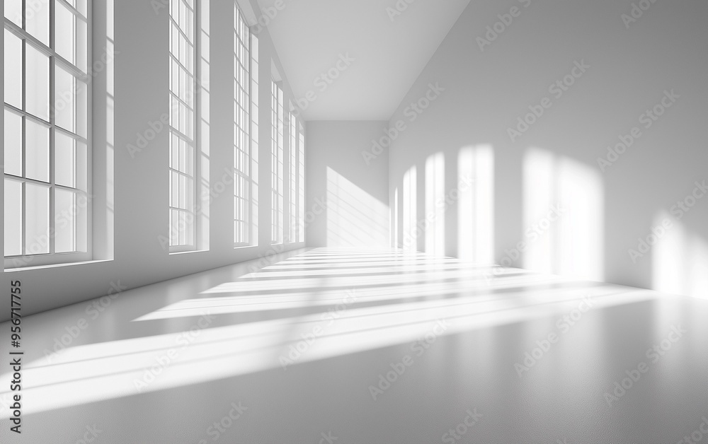 Obraz premium Minimalist Abstract White Background with Soft Shadows and Light Reflections, Ideal for Product Display or Advertising Backdrop in a Studio Setting.
