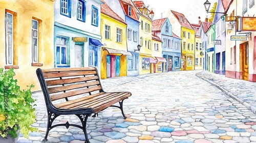 Bench on a cobblestone street, historic shopfronts in view, memory of a market day, watercolor style photo