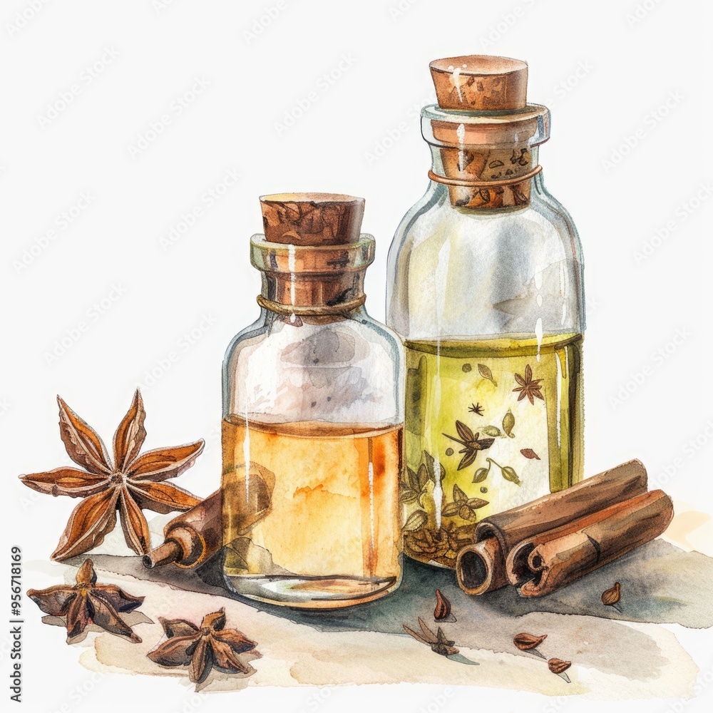 Aromatic Star Anise and Essential Oil Bottle Set for Spa Wellness and Aromatherapy Aromatic Star Anise and Essential Oil Bottle Set for Spa Wellness and Aromatherapy