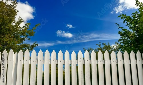 On a clear afternoon, a white picket fence stands against a stunning blue sky adorned with fluffy clouds, surrounded by vibrant greenery, creating a serene atmosphere photo