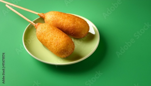 Corndog or corn dog is a american sausage baked in corn flour served with ketchup