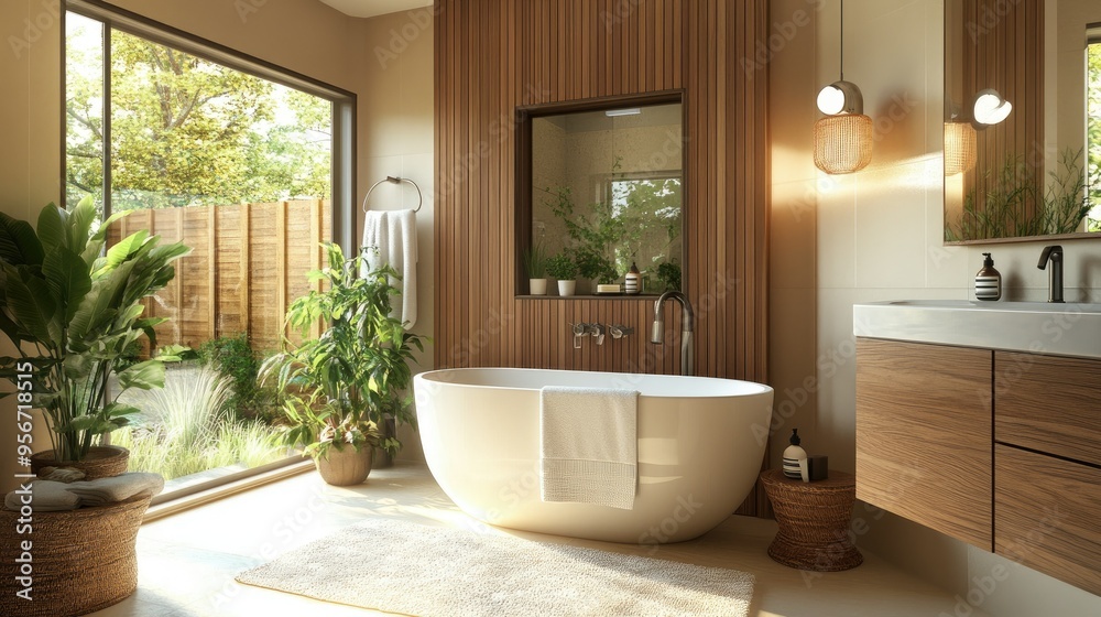 Fototapeta premium Bright modern bathroom with a freestanding tub, wooden accents, and a large mirror reflecting natural light from a nearby window