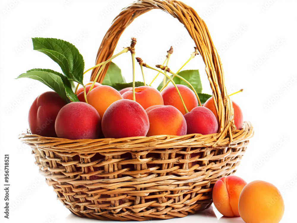 Ripe apricots in a wicker basket on a white background Ripe apricots in a wicker basket on a white background