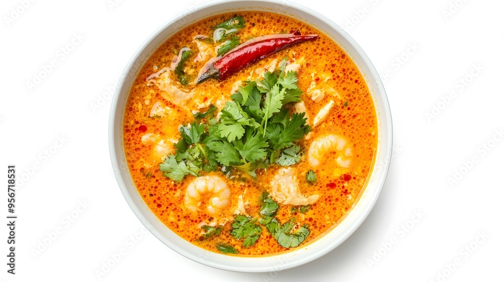 Tantalizing Thai Tom Yum Soup with Fresh Herbs and Spices in Bright Isolated Setup Tantalizing Thai Tom Yum Soup with Fresh Herbs and Spices in Bright Isolated Setup