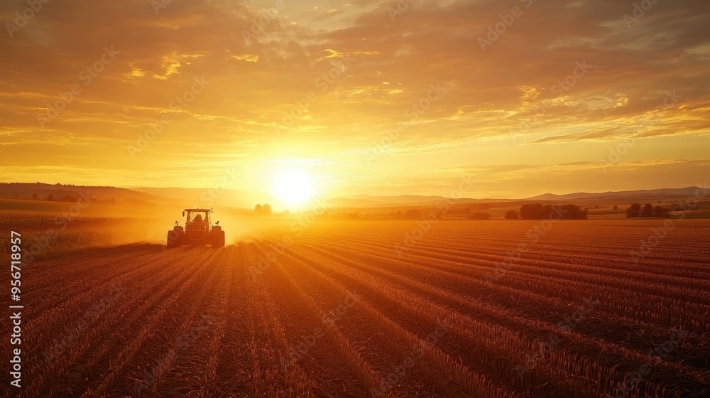 Fototapeta premium Vibrant sunset over a farmer field with tractor and crops, capturing rural life and hard work under golden light