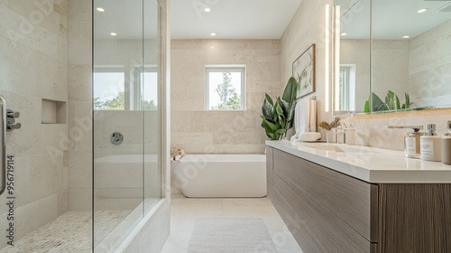 Contemporary bathroom design with a frameless glass shower, stone tiles, a floating vanity, and minimalist decor in a soft, neutral palette