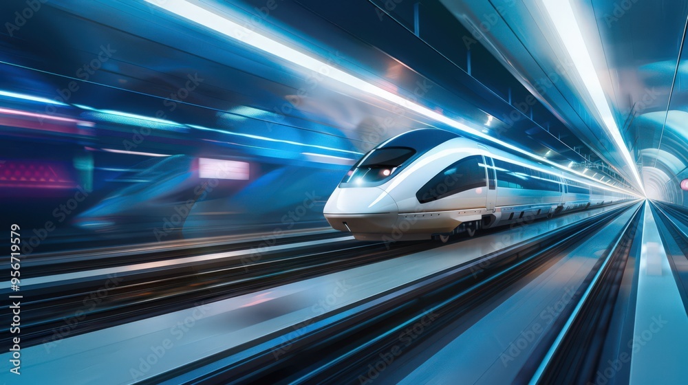 A futuristic high-speed train zooming along a sleek track, representing advanced transportation technology and rapid travel A futuristic high-speed train zooming along a sleek track, representing advanced transportation technology and rapid travel