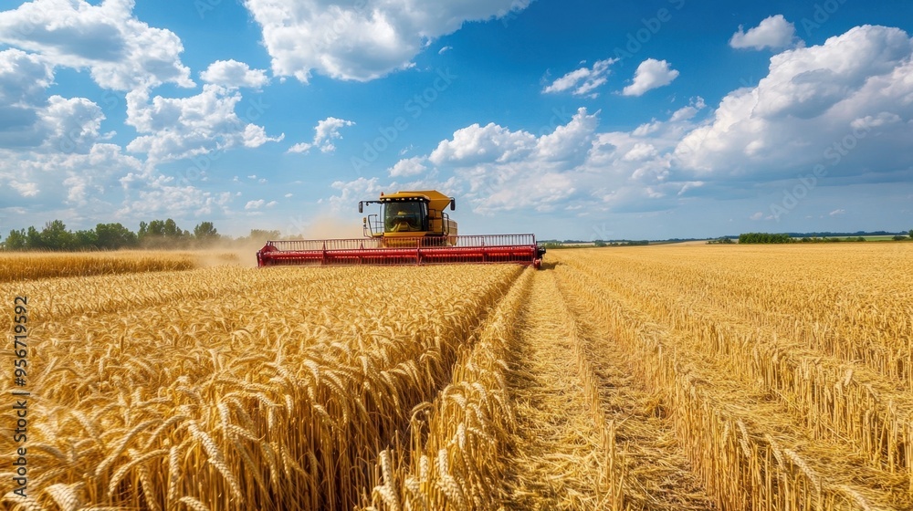 Obraz premium Traditional rural farm with combine harvester collecting golden wheat on a clear blue sky day surrounded by nature