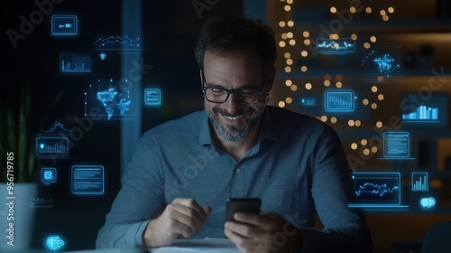 A man smiles while using a smartphone, surrounded by digital graphics and data icons, representing modern technology and communication. photo