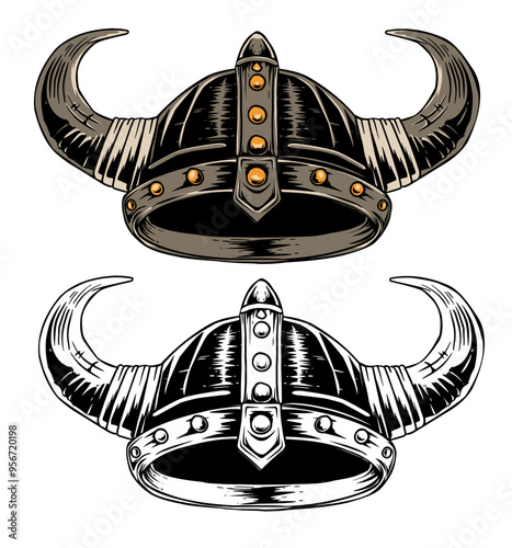 Set of Viking Helmet knight old illustration vector