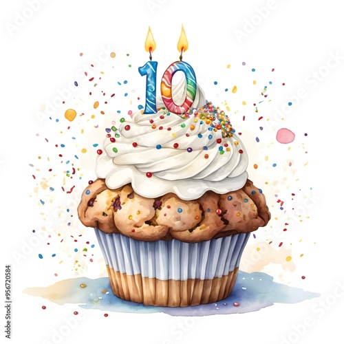 10th birthday cupcake with whipped cream, sprinkles, candles, and number 10, isolated illustration on white background