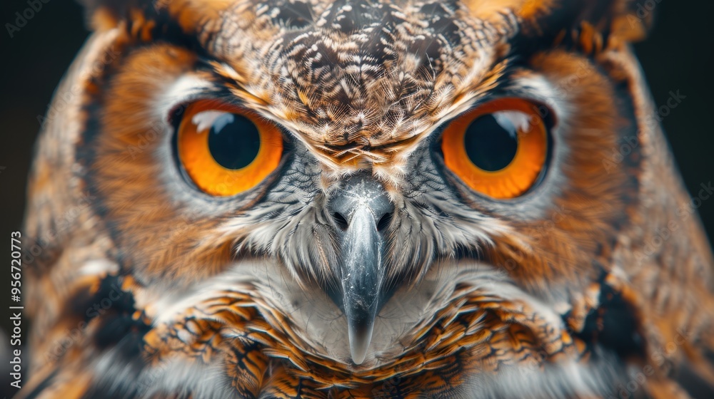 A captivating close-up of a majestic owl showcasing its striking orange eyes and intricate feather patterns. A captivating close-up of a majestic owl showcasing its striking orange eyes and intricate feather patterns.