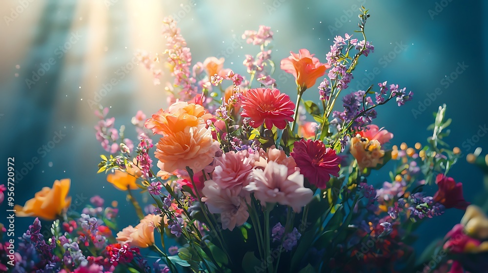 A vibrant bouquet of flowers glows with soft light and a bokeh backdrop. A vibrant bouquet of flowers glows with soft light and a bokeh backdrop.