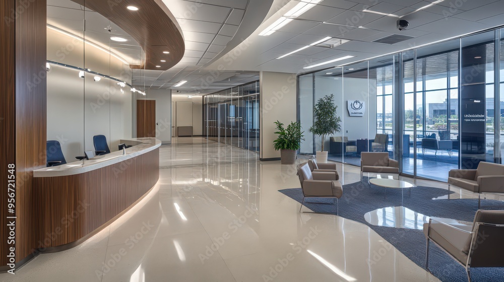A government office lobby with modern design elements, including glass walls, sleek furnishings, and a welcoming reception area. A government office lobby with modern design elements, including glass walls, sleek furnishings, and a welcoming reception area.