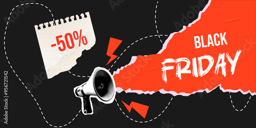 Black Friday collage, megaphone, poster, discount banner and space for text on scrap paper.