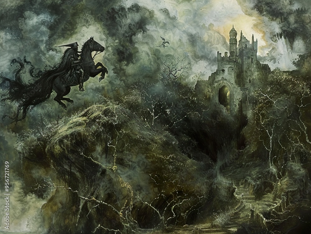 Dark Fantasy Landscape: Castle Ruins and a Black Knight on Horseback Dark Fantasy Landscape: Castle Ruins and a Black Knight on Horseback