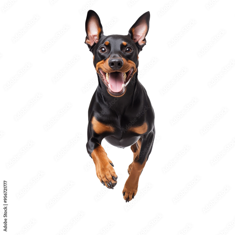 Joyful black-and-tan dog with an open mouth and perked ears, captured mid-jump against a white background, showcasing its playful and energetic nature. Joyful black-and-tan dog with an open mouth and perked ears, captured mid-jump against a white background, showcasing its playful and energetic nature.