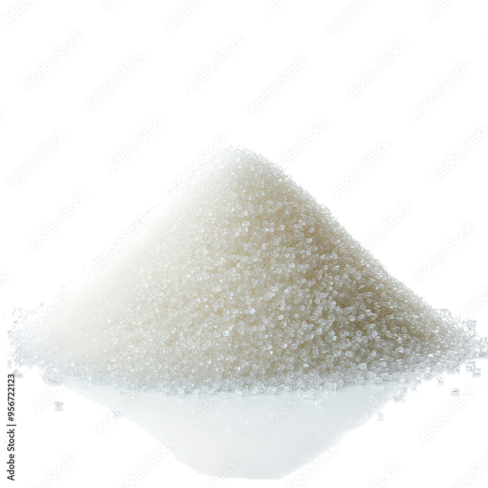 Pile of white granulated sugar on a reflective surface, isolated on white background. Perfect for food, ingredient, or sweetener concepts. Pile of white granulated sugar on a reflective surface, isolated on white background. Perfect for food, ingredient, or sweetener concepts.