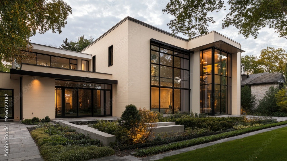 Contemporary villa exterior with cream walls, sleek black glass windows, and a landscaped front yard, presenting a perfect blend of modern design and natural beauty Contemporary villa exterior with cream walls, sleek black glass windows, and a landscaped front yard, presenting a perfect blend of modern design and natural beauty