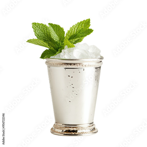 Refreshing mint julep in a silver cup filled with ice and garnished with green mint leaves, perfect for summer beverages and cocktail themes.