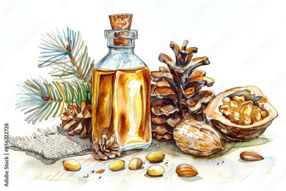 Cedar Nut Oil Set. Aromatherapy and Herbal Care with Watercolor Drawing Cedar Nut Oil Set. Aromatherapy and Herbal Care with Watercolor Drawing