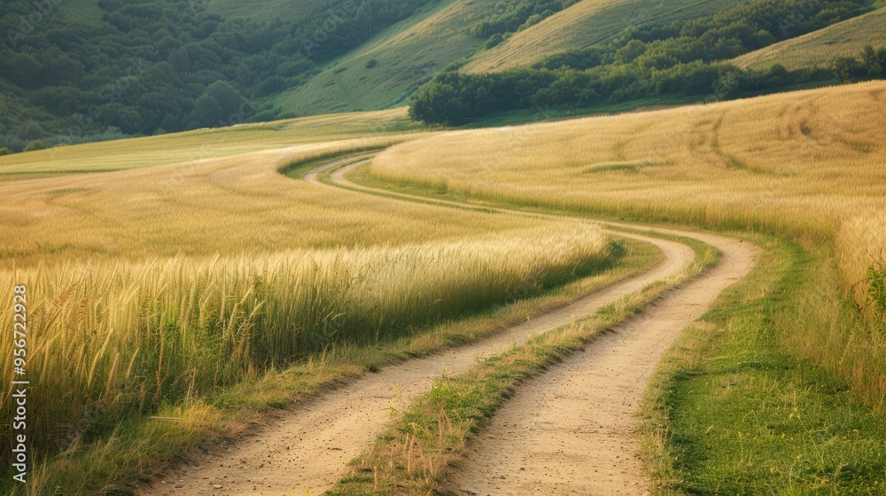 A serene dirt road winding through golden fields, bordered by lush green hills, creating a peaceful countryside landscape. A serene dirt road winding through golden fields, bordered by lush green hills, creating a peaceful countryside landscape.
