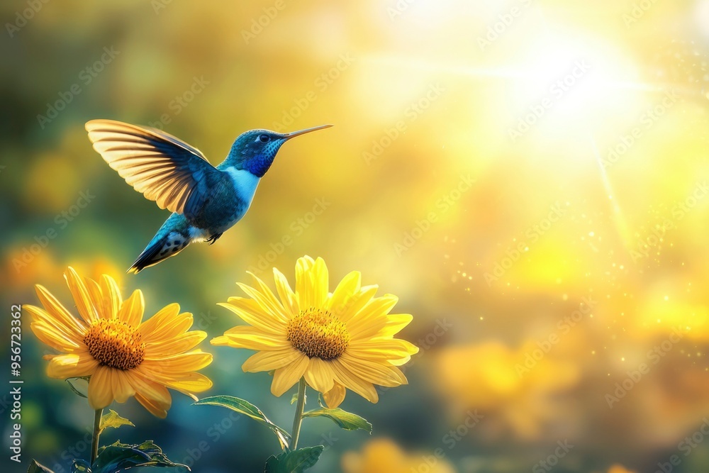 Fototapeta premium Hummingbird in Flight with Yellow Flowers and Sunlight