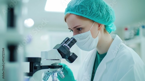 Veterinary researcher or pathologist conducting a microscopic examination of a sample in a laboratory setting analyzing and studying for medical diagnosis and healthcare purposes photo