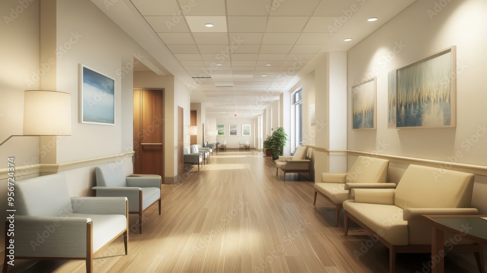 A hospital's mental health facility, designed with a peaceful environment, private counseling rooms,