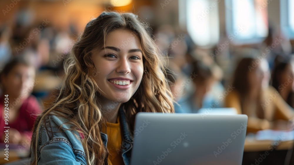 Fototapeta premium Beautiful young woman in a university lecture, happily engaged with her laptop, symbolizing academic success