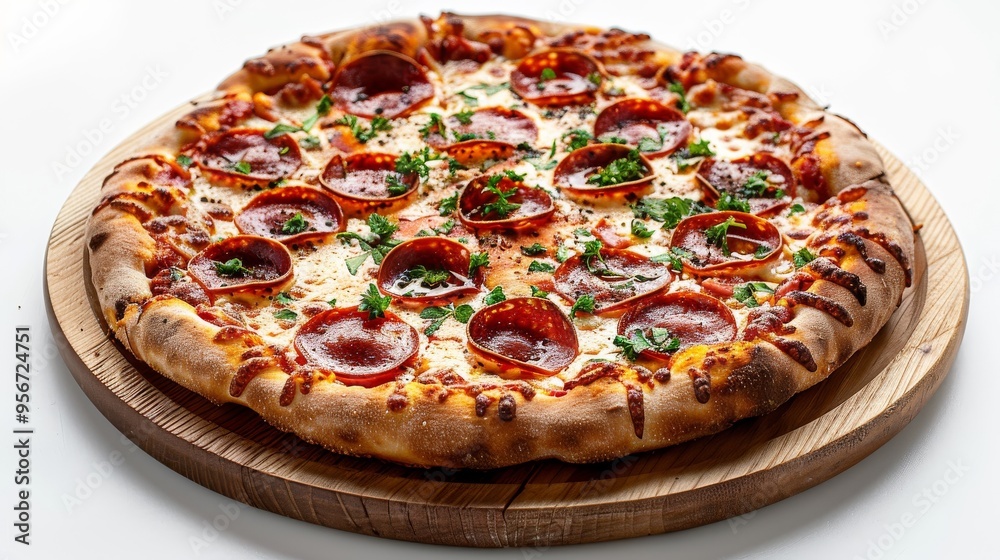Cheesy pizza with pepperoni and a crispy crust, elegantly presented on a wooden plate isolated on a clean white backdrop Cheesy pizza with pepperoni and a crispy crust, elegantly presented on a wooden plate isolated on a clean white backdrop