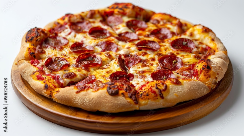 Cheesy pizza with pepperoni and a crispy crust, elegantly presented on a wooden plate isolated on a clean white backdrop Cheesy pizza with pepperoni and a crispy crust, elegantly presented on a wooden plate isolated on a clean white backdrop