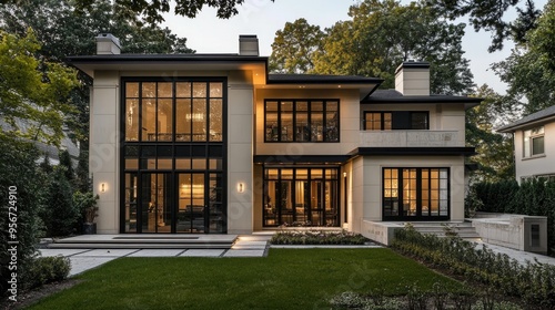 Elegant exterior of a two-story house with a cream facade and black glass windows, designed with a modern aesthetic, perfect for luxury real estate listings