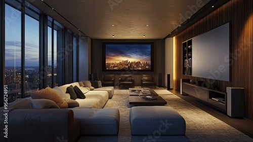 Elegant home theater room inside a modern apartment with comfortable seating, a large screen, and state-of-the-art sound system, designed for the ultimate entertainment experience