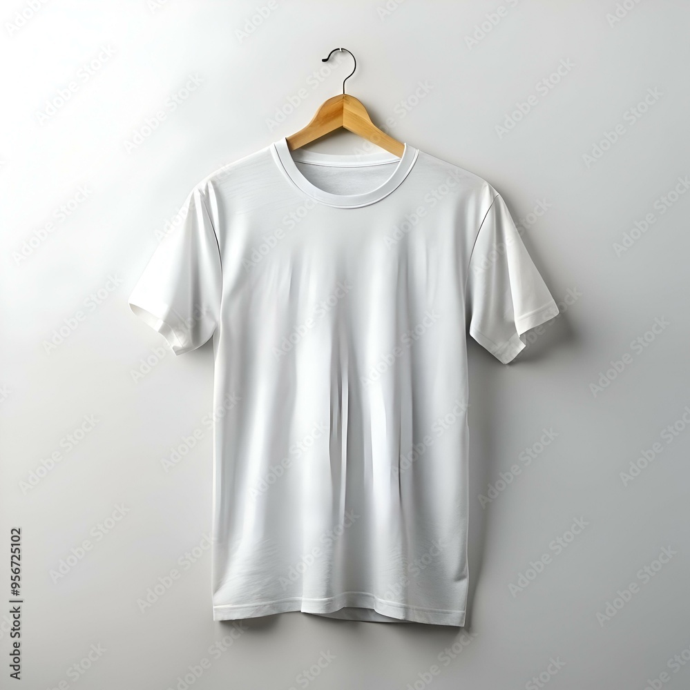 A simple. yet elegant white t shirt on a wooden hanger. A simple. yet elegant white t shirt on a wooden hanger.