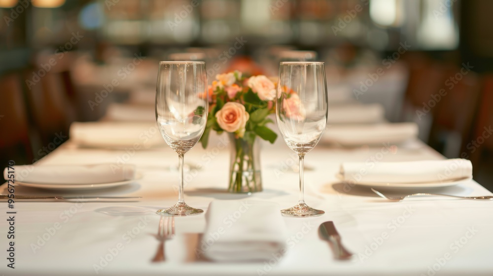 Elegant restaurant table setting with glasses, cutlery, and a floral centerpiece, perfect for special occasions or fine dining. Elegant restaurant table setting with glasses, cutlery, and a floral centerpiece, perfect for special occasions or fine dining.