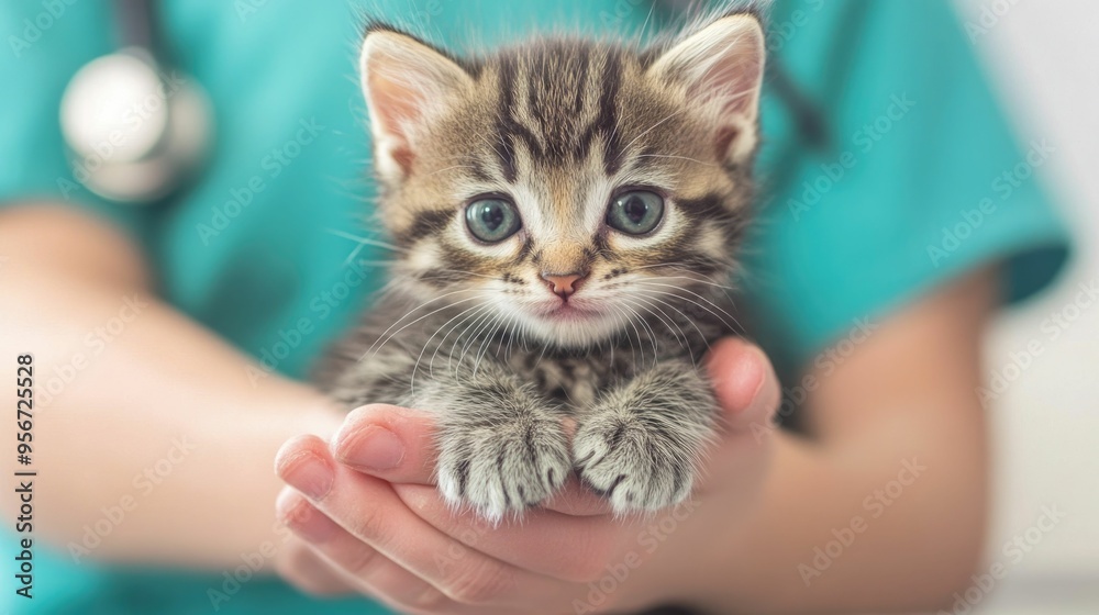 Naklejka premium Closeup of a Vet Tech Tenderly Feeding a Hospitalized Kitten with Nurturing and Compassionate Care in a Veterinary Clinic or Hospital Setting