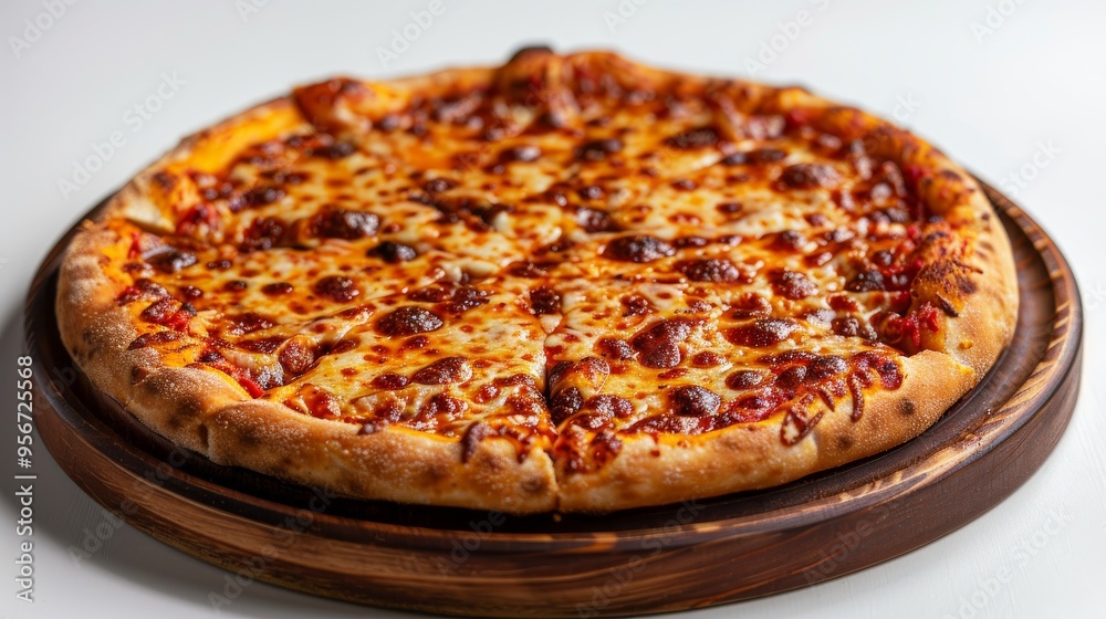 Cheesy pizza with pepperoni and a crispy crust, elegantly presented on a wooden plate isolated on a clean white backdrop Cheesy pizza with pepperoni and a crispy crust, elegantly presented on a wooden plate isolated on a clean white backdrop