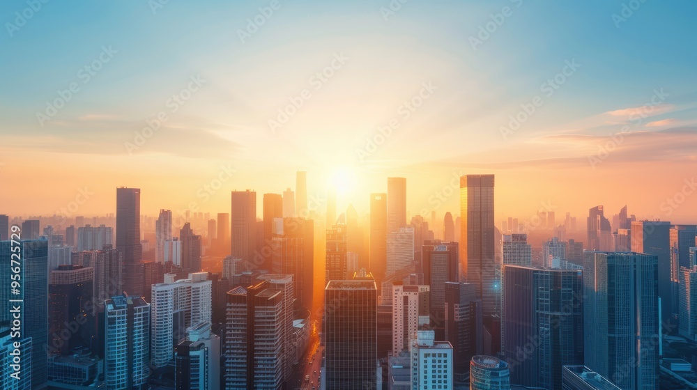 Stunning skyline view at sunrise, illuminating modern buildings with a warm glow, showcasing urban beauty and tranquility. Stunning skyline view at sunrise, illuminating modern buildings with a warm glow, showcasing urban beauty and tranquility.