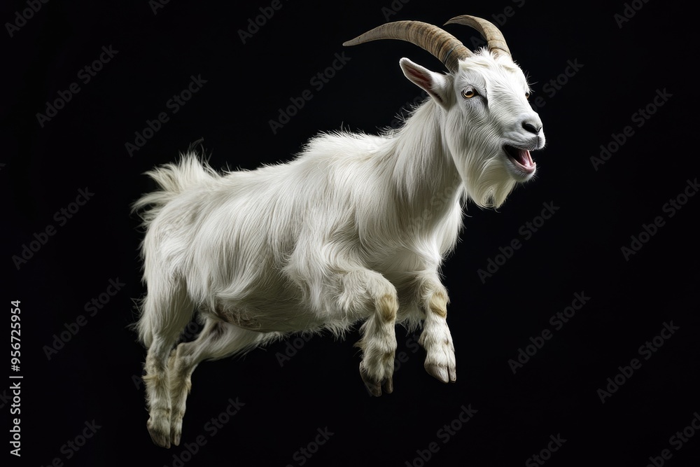 A White Goat Leaping with Mouth Open Against a Black Background A White Goat Leaping with Mouth Open Against a Black Background