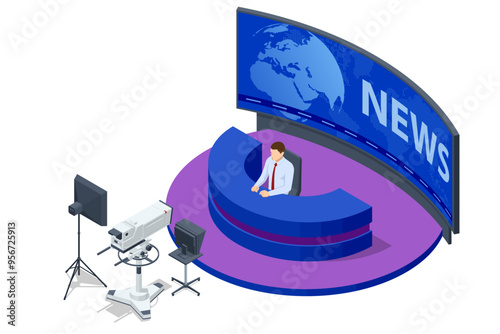 Isometric Newsroom Studio Concept. TV newscaster and media anchor presenting breaking news in a studio. TV Live News Program. Broadcast Journalists Studio.