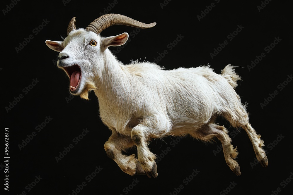A White Goat Leaps Against a Black Background with its Mouth Open A White Goat Leaps Against a Black Background with its Mouth Open