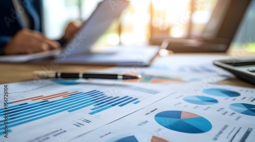 Business data analysis and financial report with graph,chart and infographic on office desk