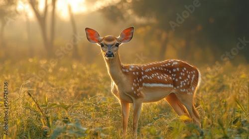 pampas deer in lush habitat majestic ozotoceros bezoarticus grazes in emerald grasslands misty pantanal morning light bathes scene highlighting creatures delicate features photo