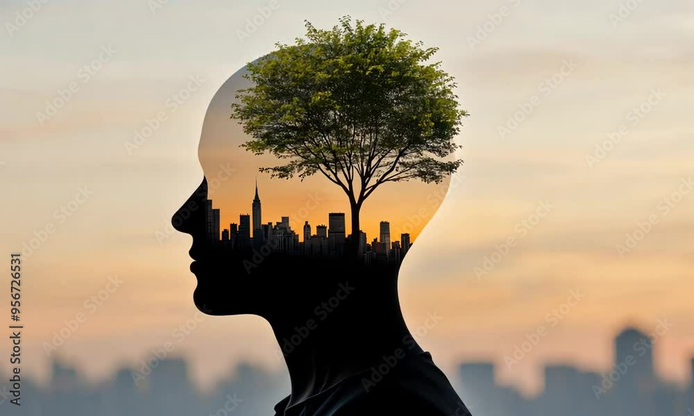 A silhouette of a human head filled with a lush tree and a skyline ...