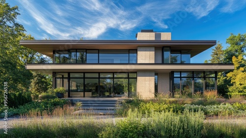 Exterior of a modern home with sleek lines, a flat roof, and large glass windows, surrounded by a minimalist garden and set under a bright blue sky